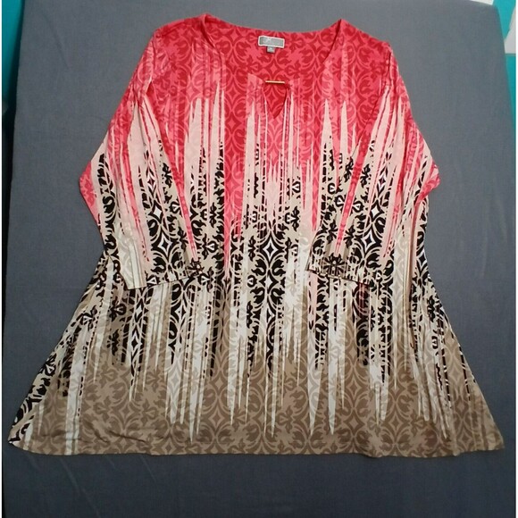 JM Collection Women 3X Pink All Over Print 3/4 Sleeve Keyhole Neck Boho Blouse - Picture 1 of 11
